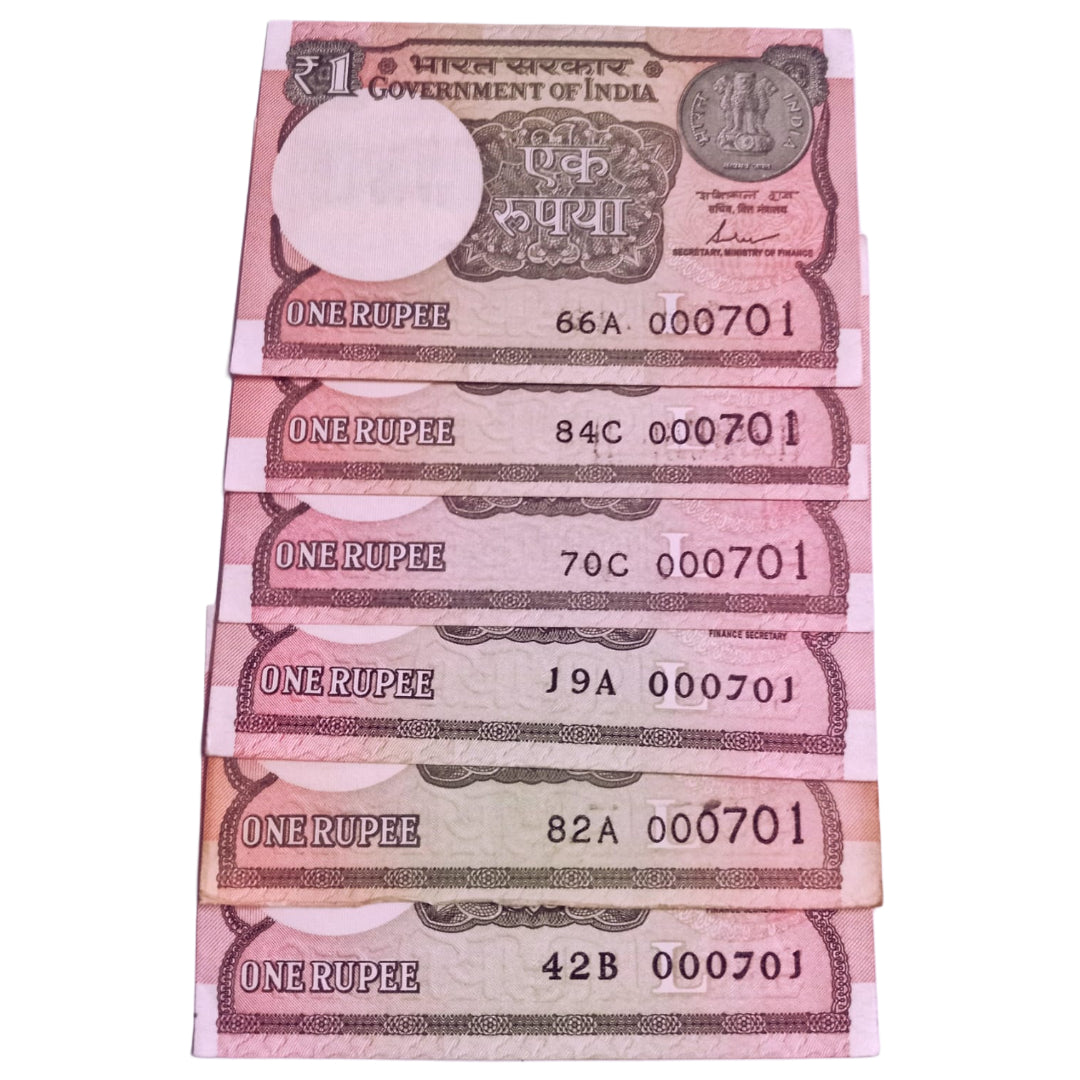 Rs 1 new same lower number 6 notes set 000701 very hard to collect - Collection Bazzar