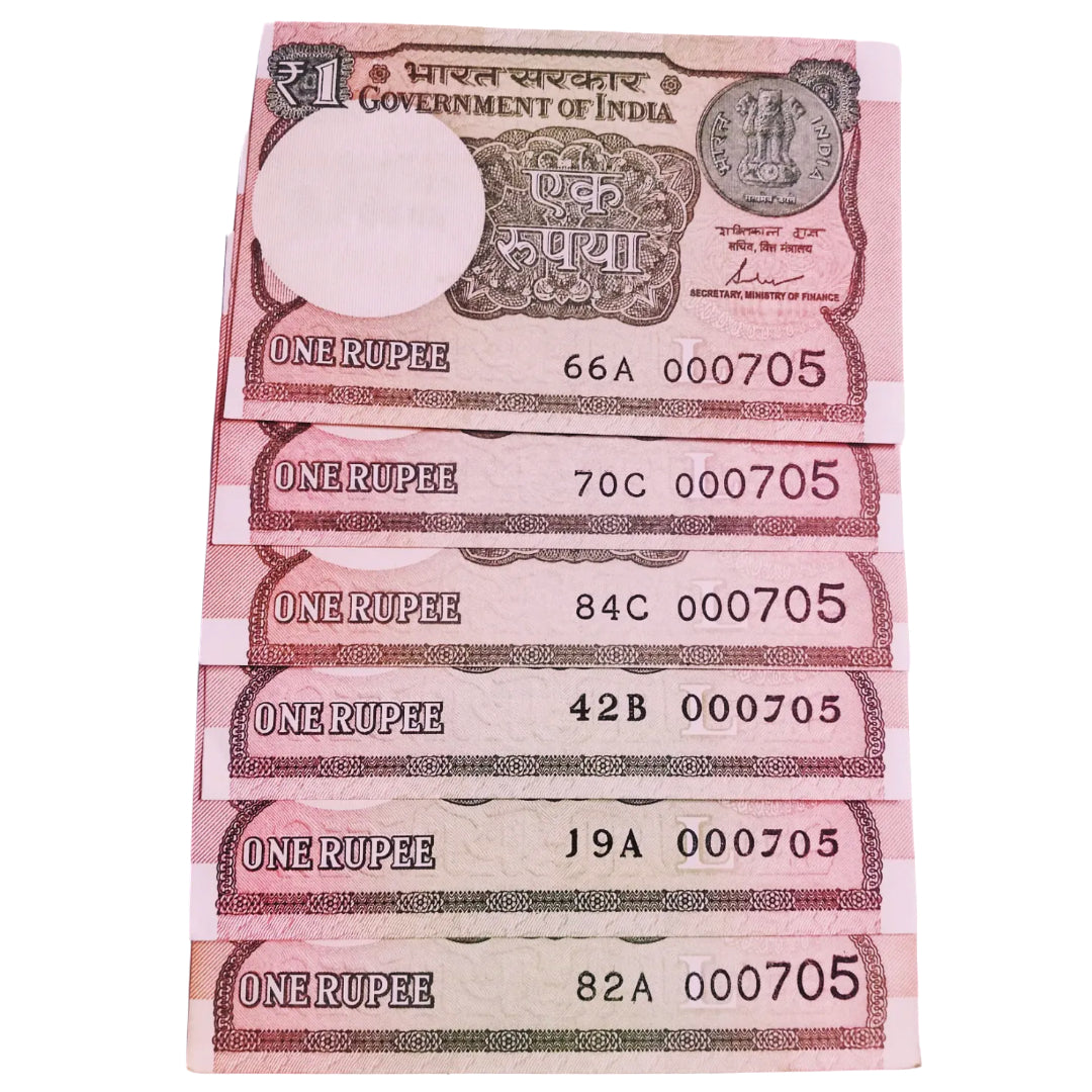 Rs 1 new same lower number 6 notes set 000705 very hard to collect - Collection Bazzar