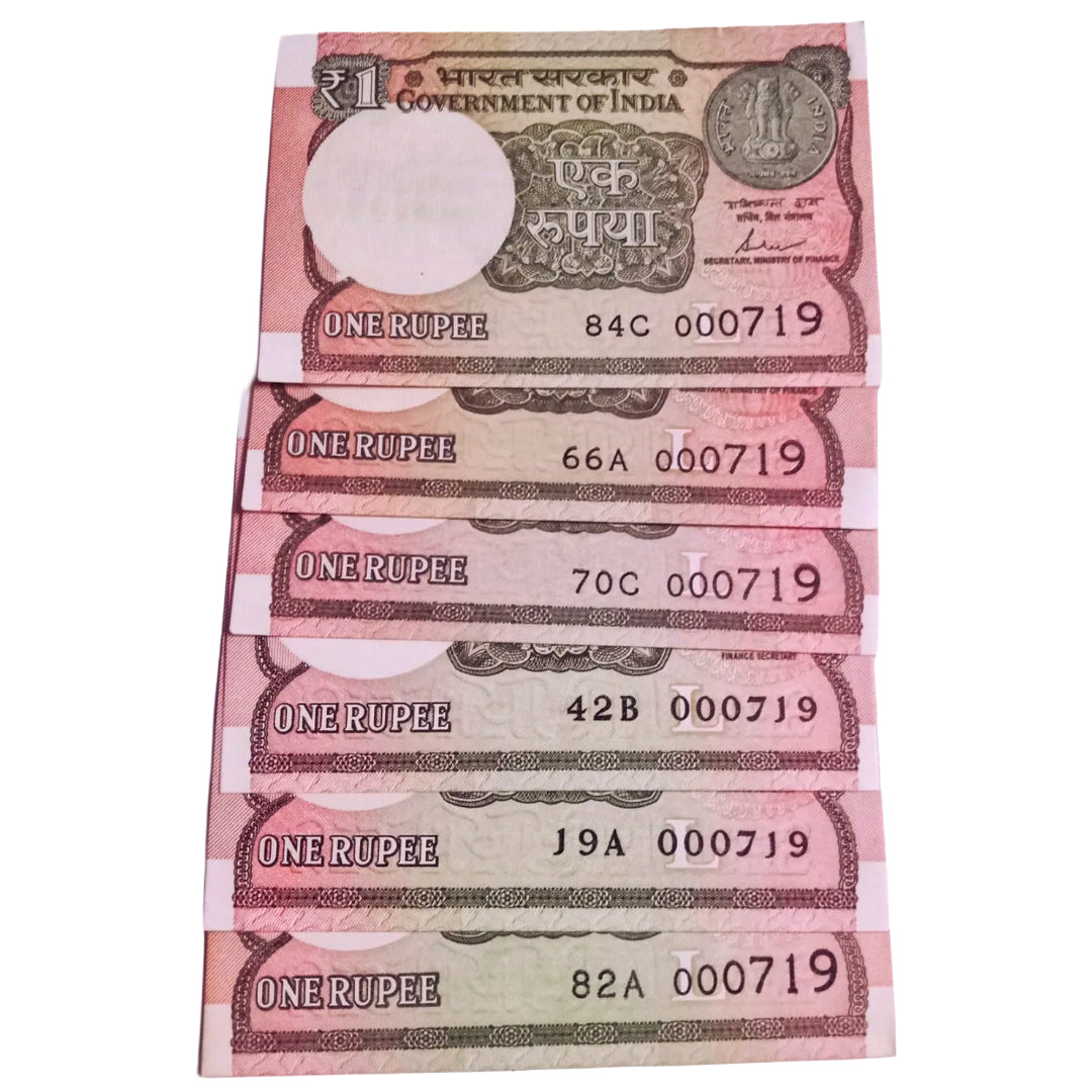Rs 1 new same lower number 6 notes set 000719 very hard to collect - Collection Bazzar