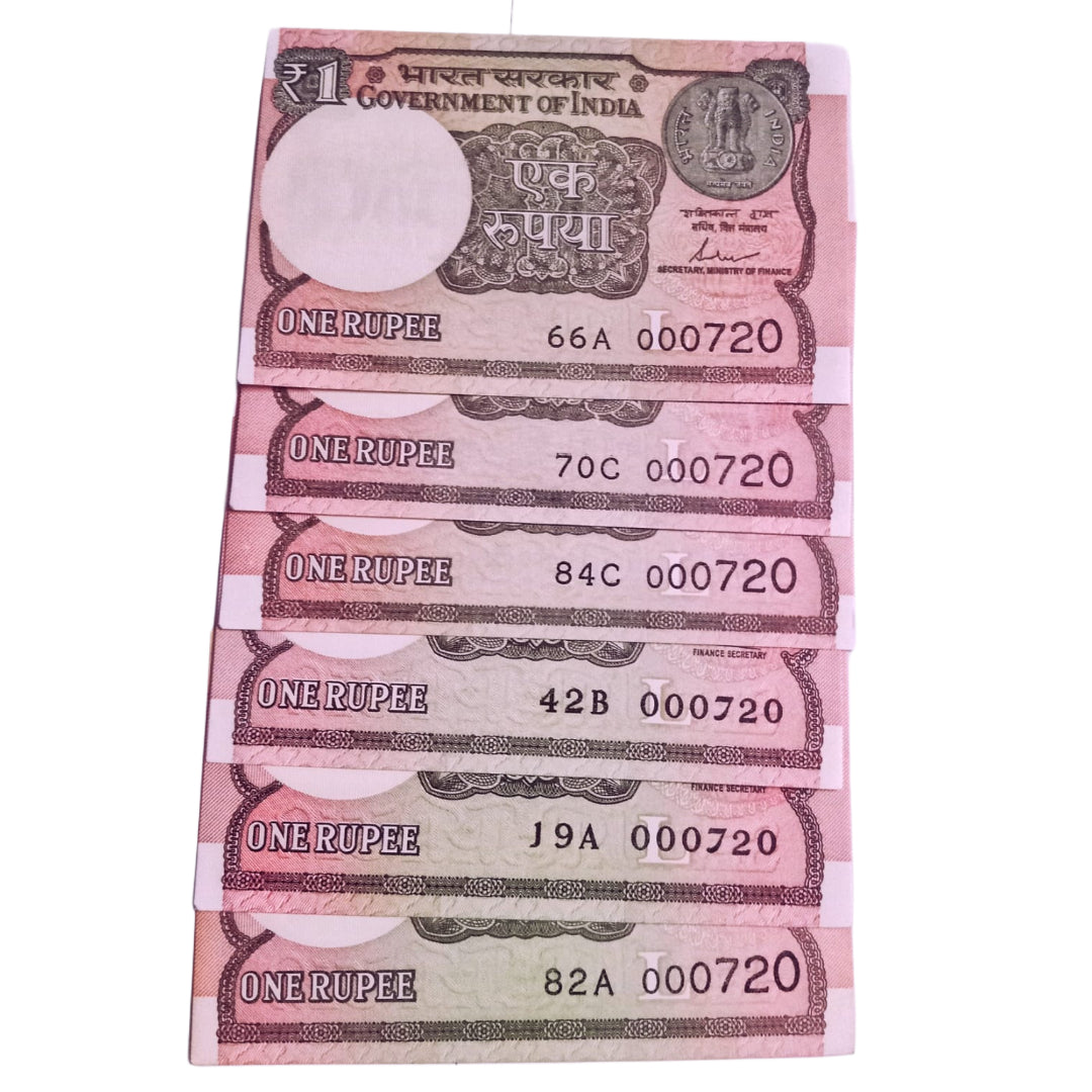 Rs 1 new same lower number 6 notes set 000720 very hard to collect - Collection Bazzar