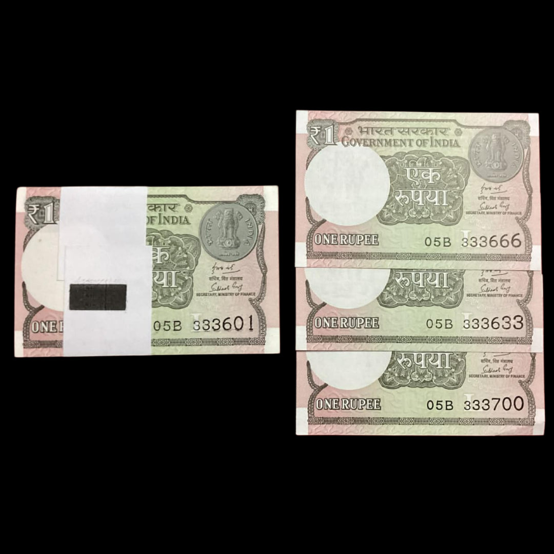 Rs 1 new semi fancy no starting 333601 ( 687 missing ) 99 notes serial - Collection Bazzar