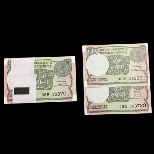 Rs 1 new semi fancy no starting 333701 ( 786 missing ) 99 notes serial - Collection Bazzar
