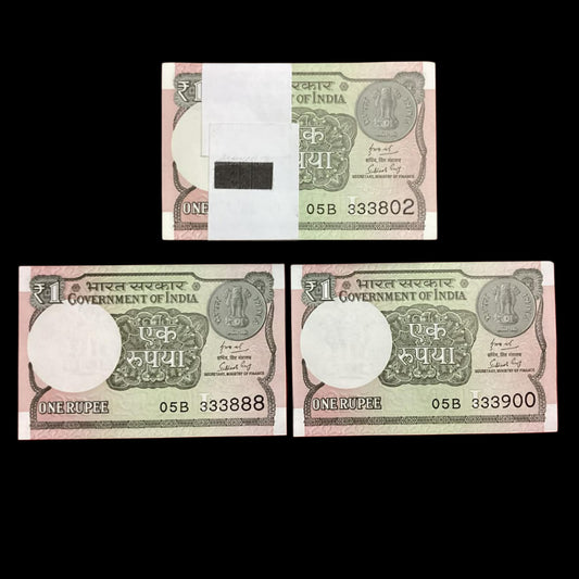 Rs 1 new semi fancy no starting 333802 ( 801 missing ) 99 notes serial - Collection Bazzar