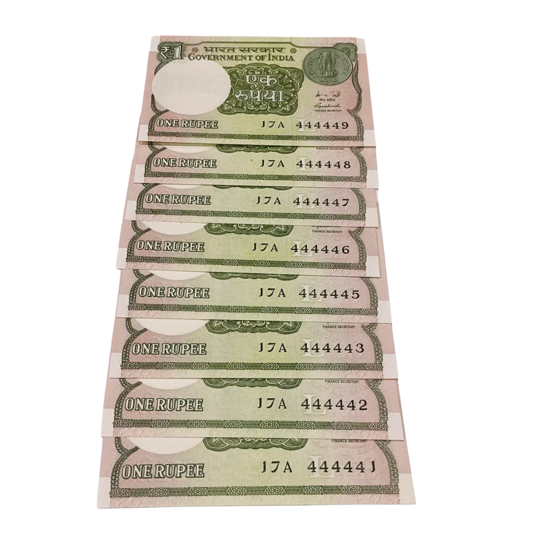 Rs 1 note set 444441 to 444410 solid number type all 4 finance secretary maurya rare collectible - Collection Bazzar