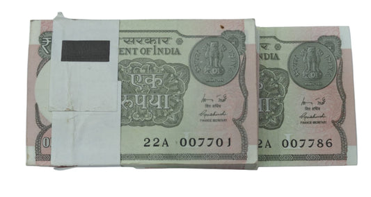 Rs 1 Note serial packet 007701 with 007786 james bond plus holly bismillah number unc condition - Collection Bazzar