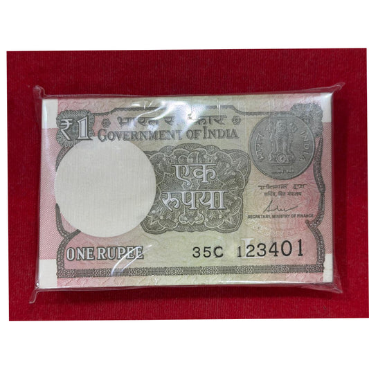 Rs 1 serial packet 123401 ( 98 notes packet) rare collectible - Collection Bazzar