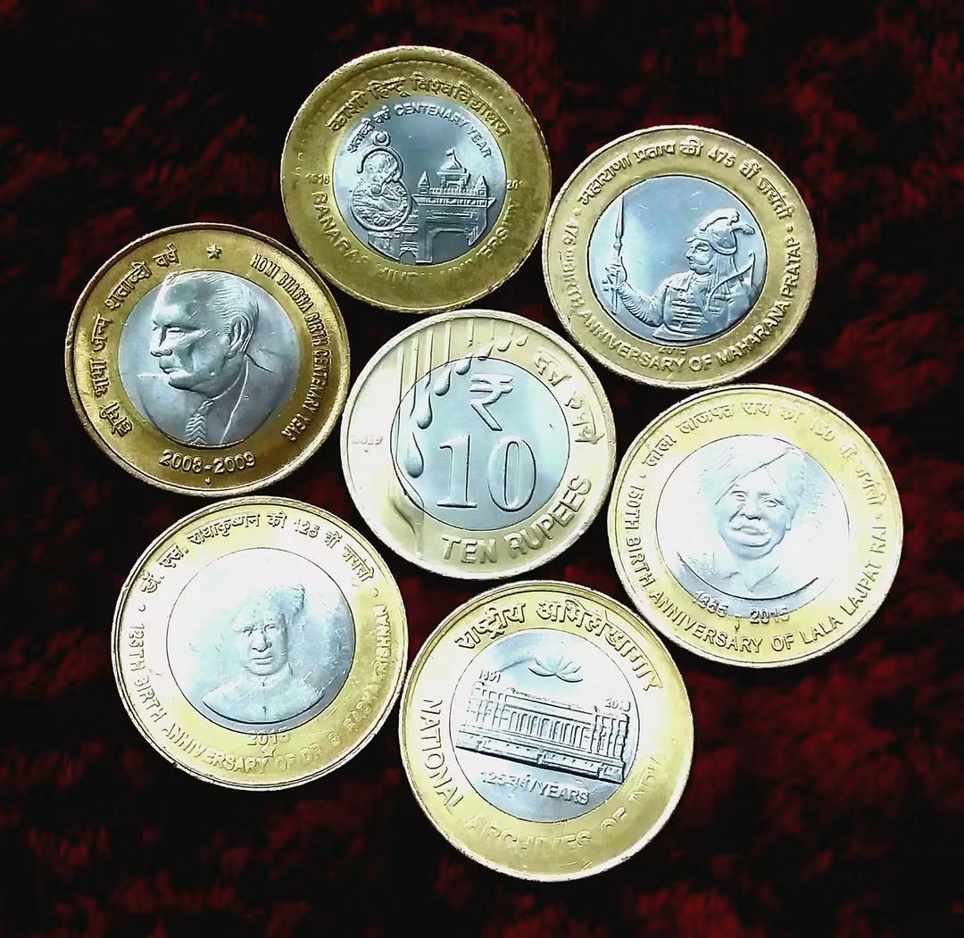 Rs.10 7 coin set commemorative series

BHU, Homi bhaba, new series,

Lala Lajpat Rai, Maharana Pratap 

Dr. Radha krishnan, National Archive - Collection Bazzar