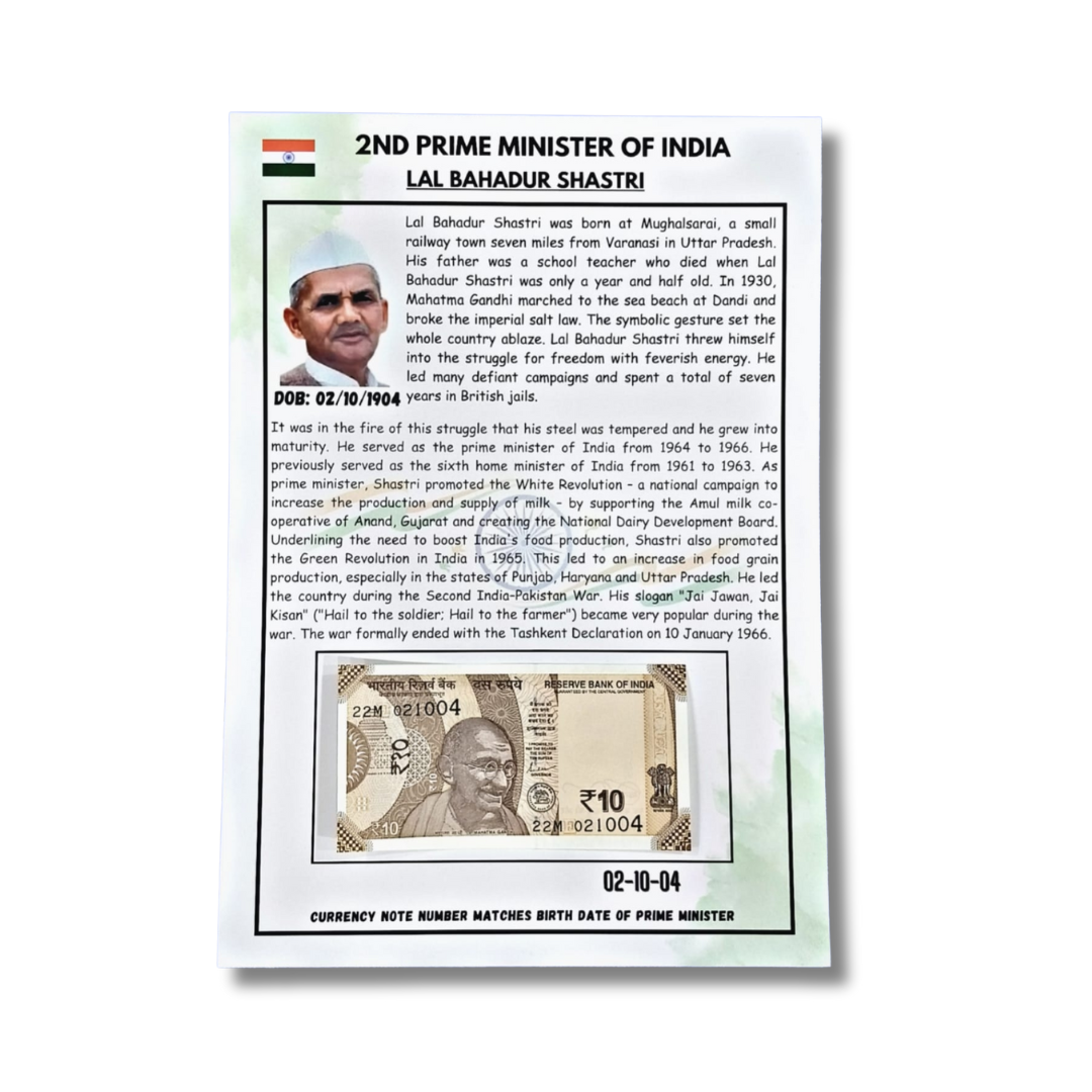 Rs 10 Date Of Birth 02.10.04 Lal Bhadur Shastri  Prime Minister Of India Excellent Condition - Collection Bazzar