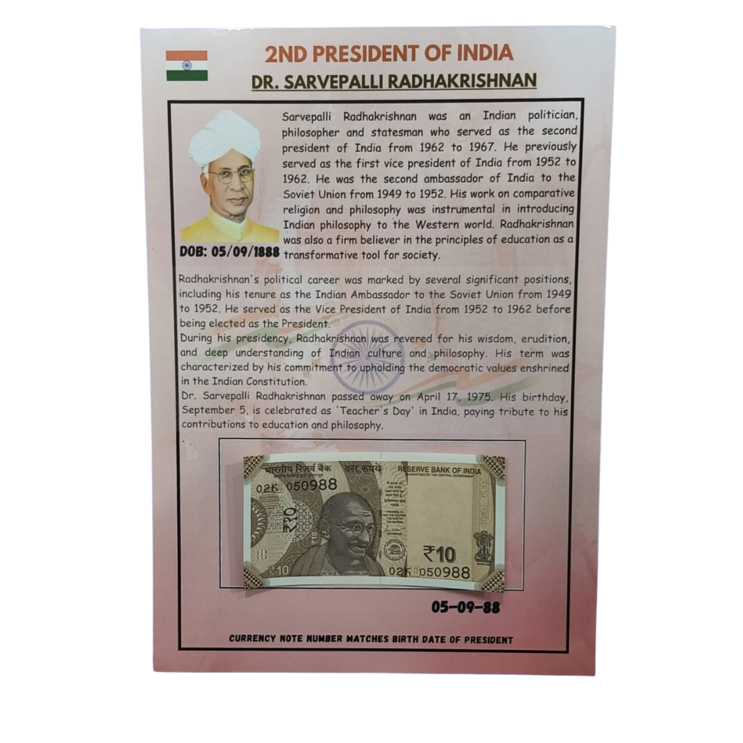 Rs 10 date of birth 05.09.88 Dr sarvepalli radhakrishnan president of india excellent condition - Collection Bazzar