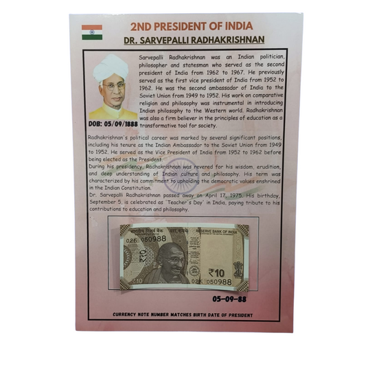 Rs 10 date of birth 05.09.88 Dr sarvepalli radhakrishnan president of india excellent condition - Collection Bazzar