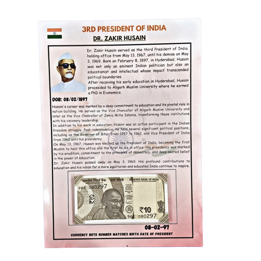 Rs 10 date of birth 08.02.97  Dr Zakir Hussain president of india excellent condition - Collection Bazzar