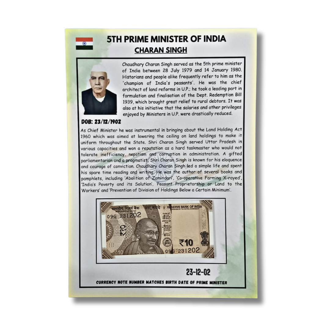 Rs 10 Date Of Birth 23.12.02 Chaudhary Charan Singh Prime Minister Of India Excellent Condition - Collection Bazzar