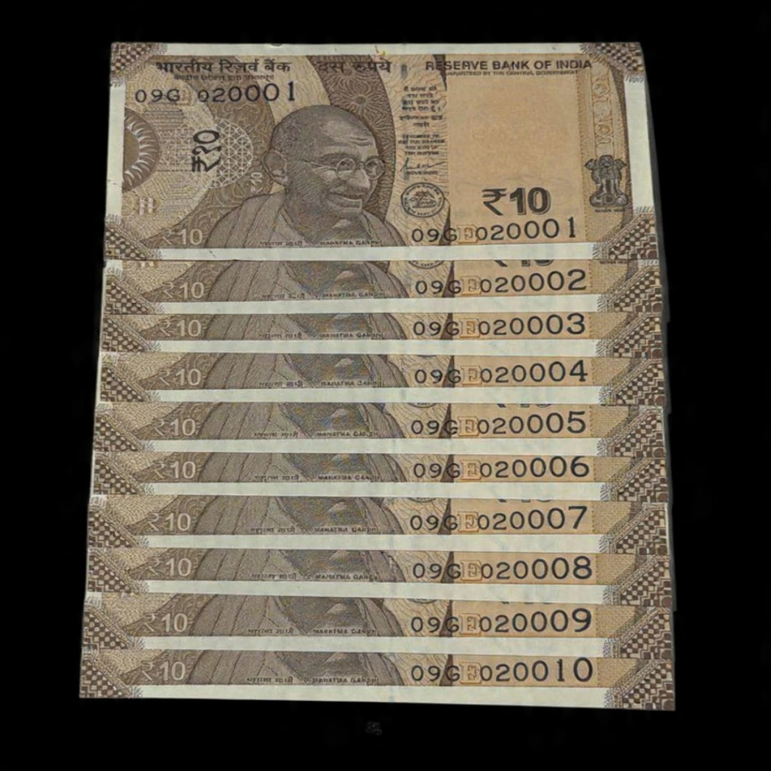 Rs 10 Consecutive Set 020001 to 020010 Birthday 10 Notes Set - Collection Bazzar
