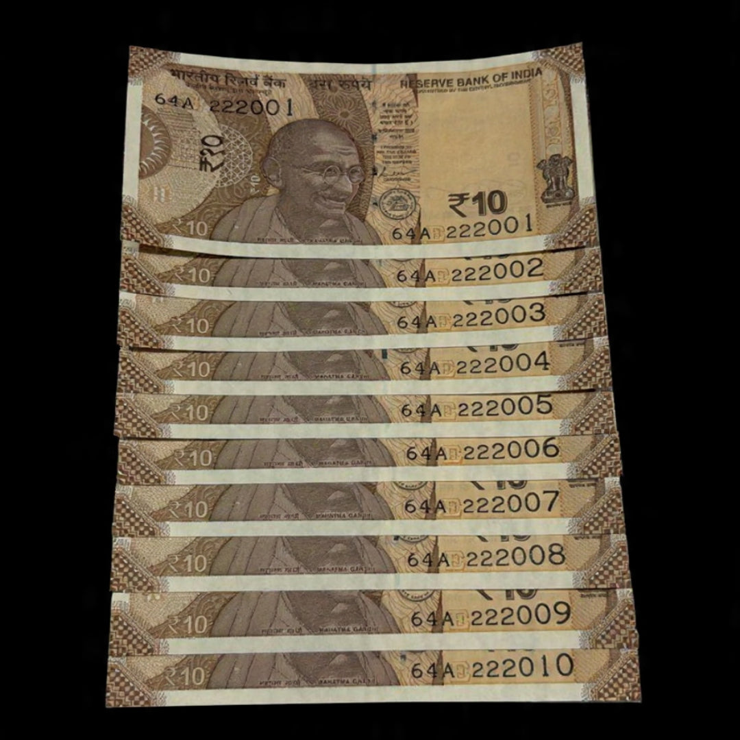 Rs 10 Consecutive Set 222001 to 222010 10 Notes Set - Collection Bazzar
