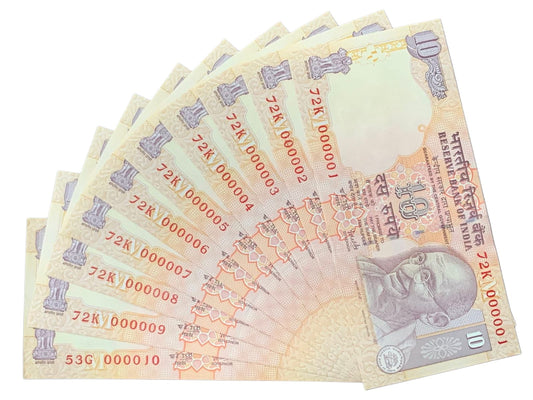 Rs 10 Fancy Number Note Bundle – Serial 000001 to 000010 | Rare Consecutive old denominations - Collection Bazzar