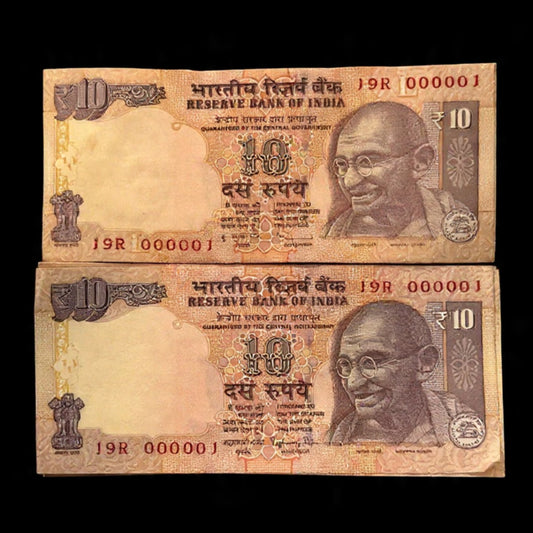 Rs 10 Lower Number Packet 000001 Same Prefix 19 R Pair  Rare - Collection Bazzar