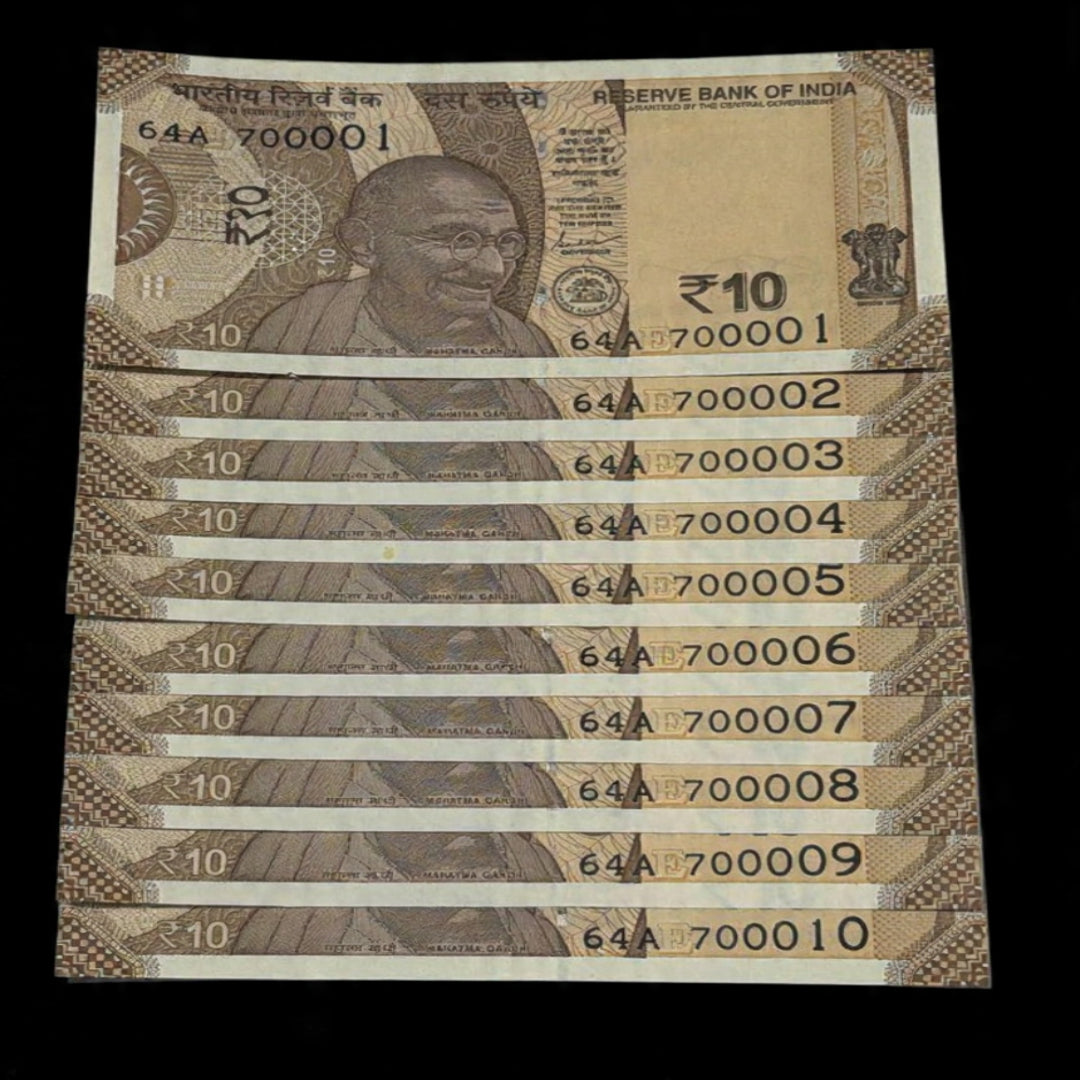 Rs 10 Note 700001-700010 Fancy 7-Lakh Serial Set of 10 - Collection Bazzar