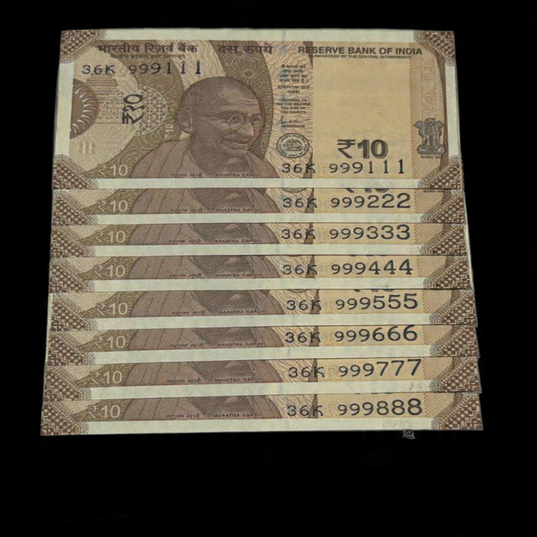Rs 10 Note 999111-999888 Fancy Repeater Set of 8 Collectible - Collection Bazzar