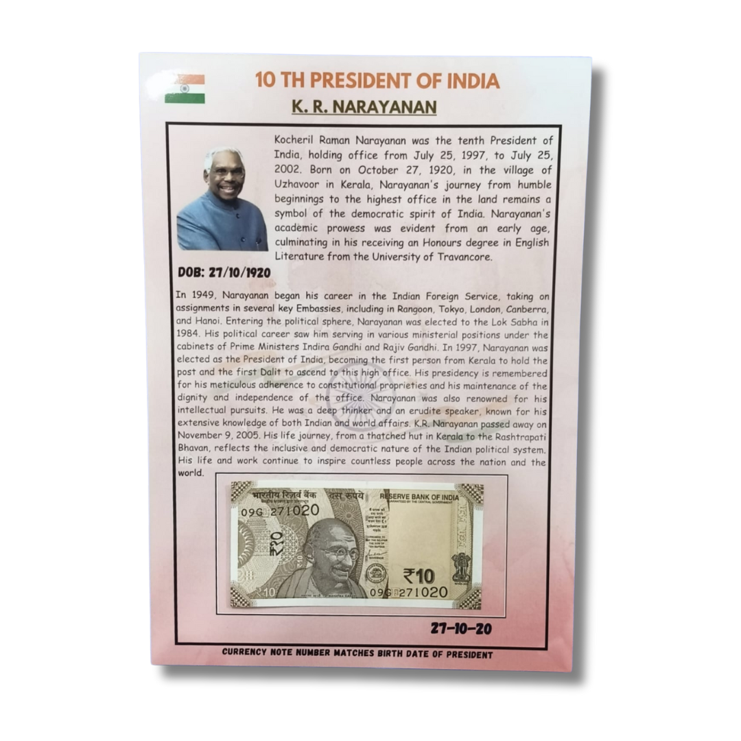 ₹10 Old Issue Note – Date of Birth 27.10.1920 | Dr. K. R. Narayanan | Excellent Condition - Collection Bazzar