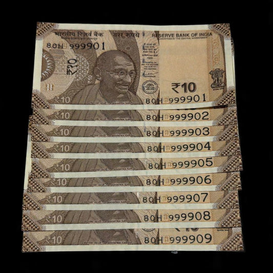 Rs 10 Note Series 999901-999909 Fancy Serial Set of 9 - Collection Bazzar
