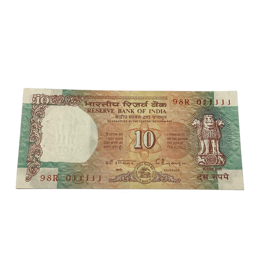 Rs 10 Note Shalimar Serial 011111 Governor C Rangrajan Rare Collectible - Collection Bazzar