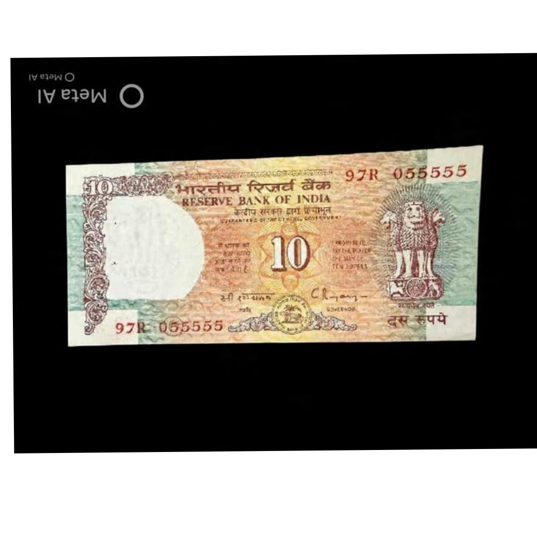 Rs 10 Note Shalimar Serial 055555 Governor C Rangrajan Rare Collectible - Collection Bazzar