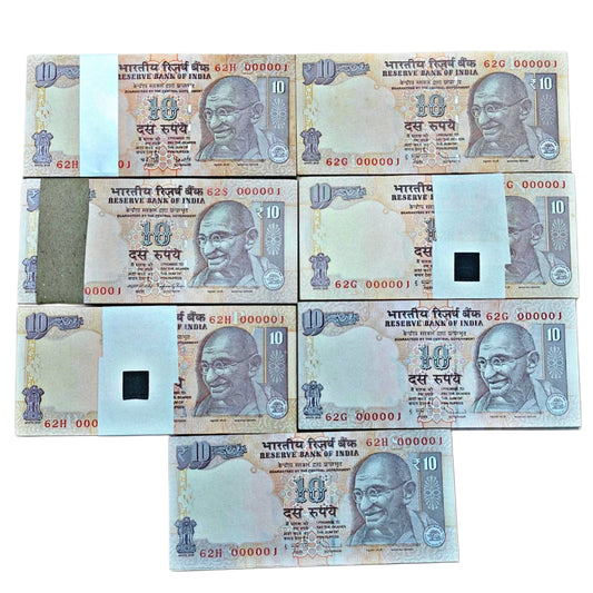 Rs 10 extremely rare packet 7 pkt same number same prifix 000001.000100 - Collection Bazzar