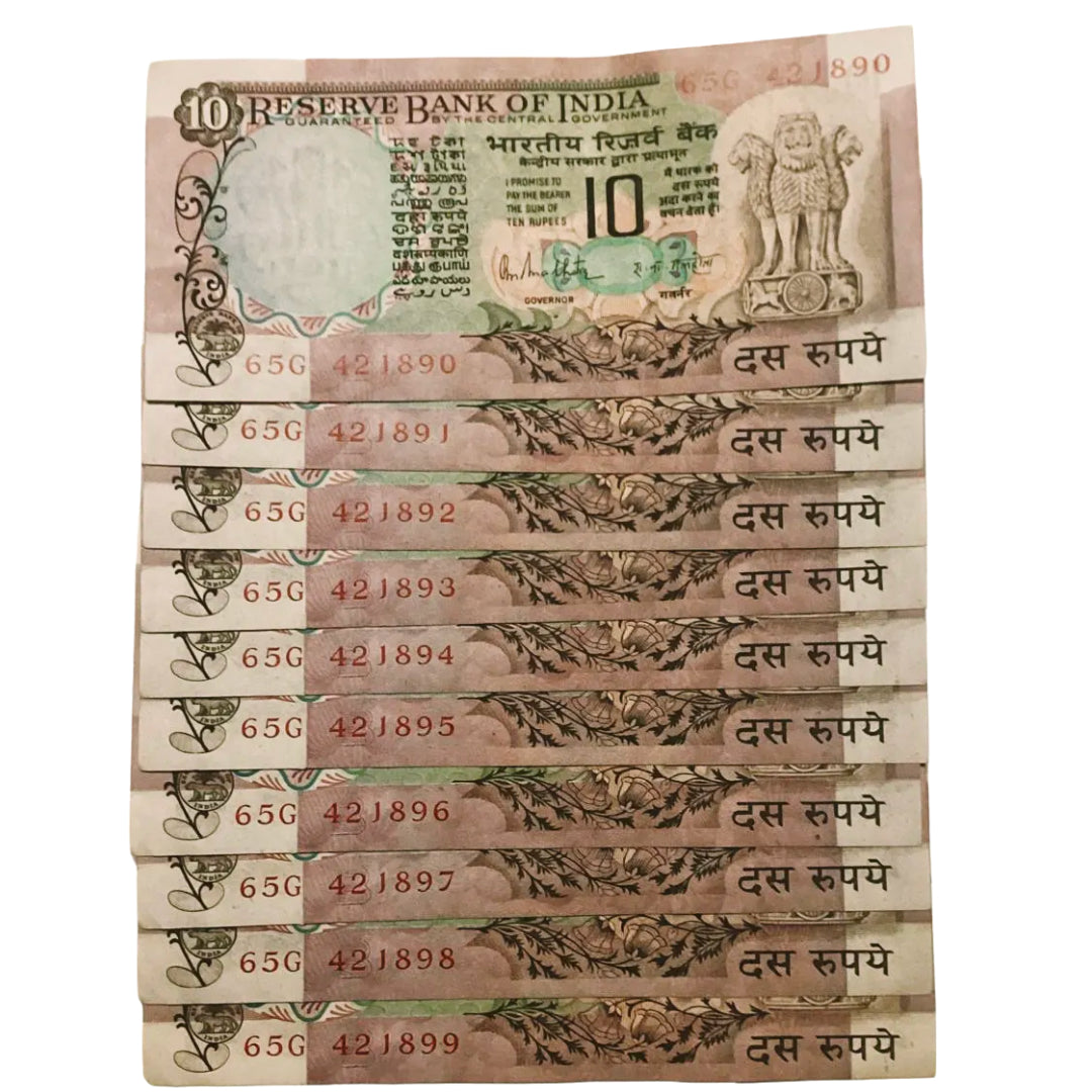 Rs 10 Old Peacock issue RN Malhotra sign 10 notes lot - Collection Bazzar