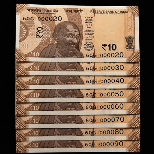 Rs10 Set of 8 000020 to 000090 Lower Number Fancy Serial Set - Collection Bazzar