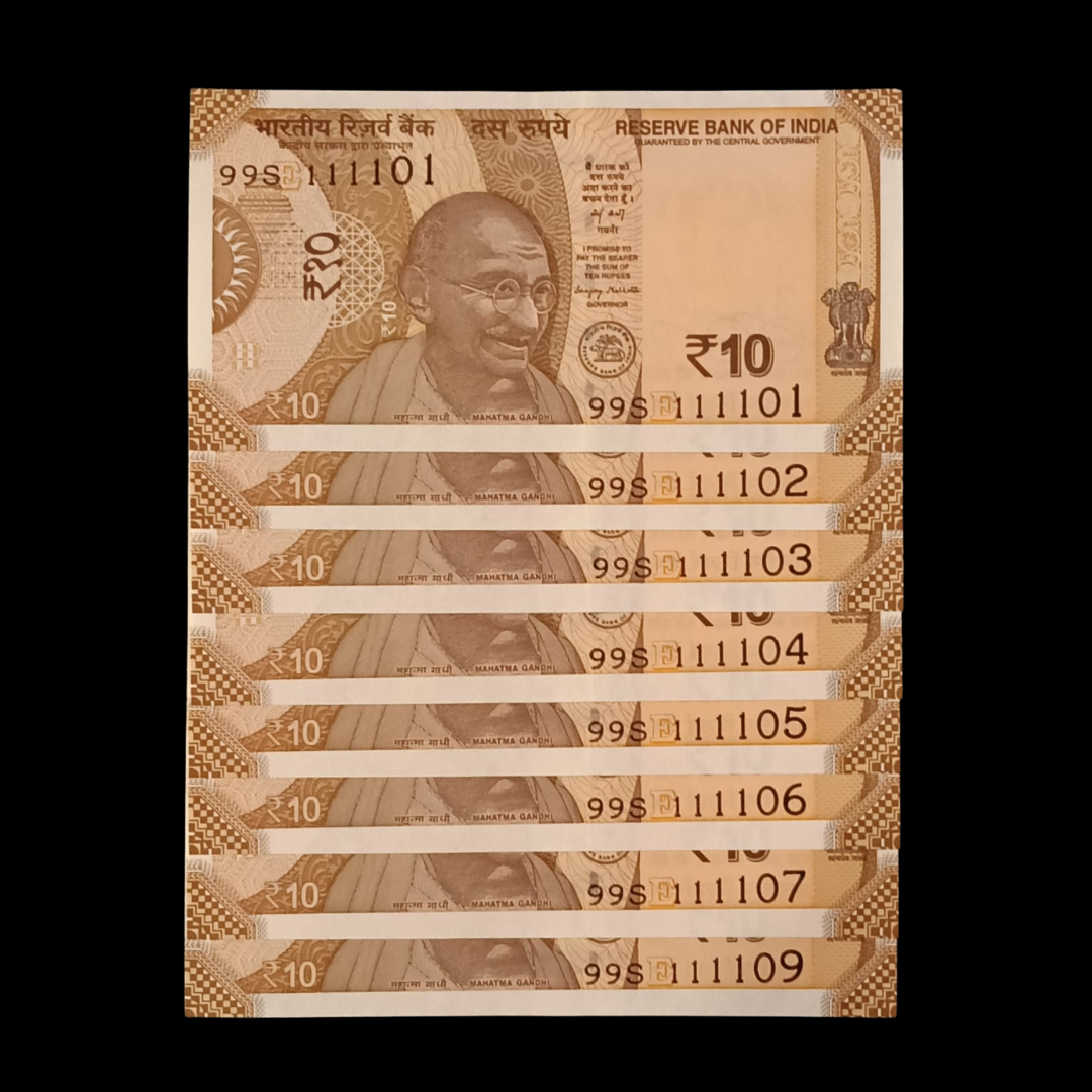 Rs 10 Set of 8 Notes 111101 - 111109 Same Prefix 99S 2026 Rare - Collection Bazzar
