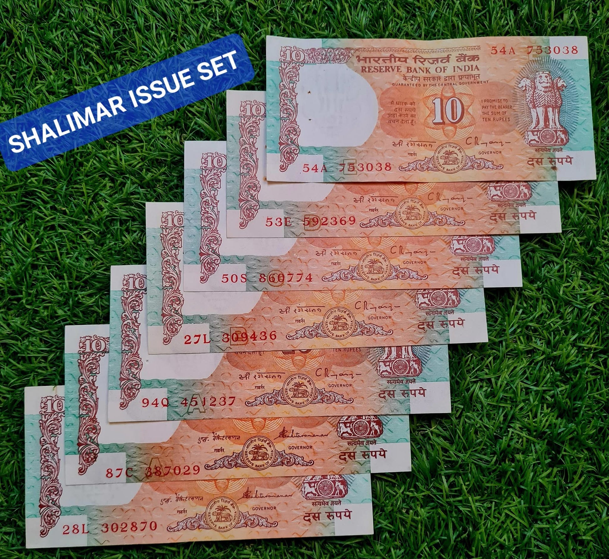 Rs 10 Shalimar Notes ALL 2 GOVERNORS ISSUE 7 UNC NOTES - Collection Bazzar
