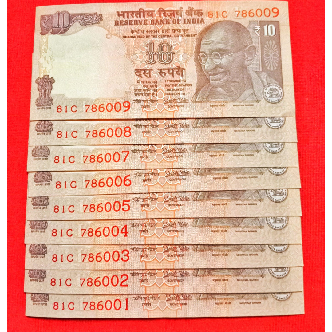 Rs 10 Telescopic Same Prefix Set 81C 786001-786009 Urjit Patel Rare - Collection Bazzar