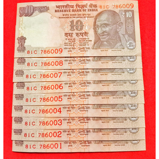 Rs 10 Telescopic Same Prefix Set 81C 786001-786009 Urjit Patel Rare - Collection Bazzar