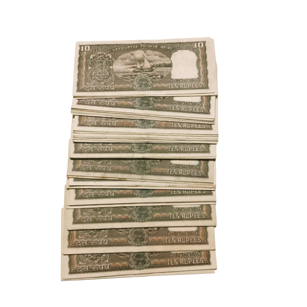 Rs 10 black boat 10 notes given 1100 governor K R puri rare  collectible - Collection Bazzar