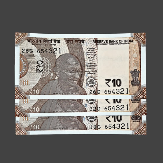 Rs 10 note 654321 reverse ladder 123456 each note 600 governor sanjay malhotra rare collectible - Collection Bazzar