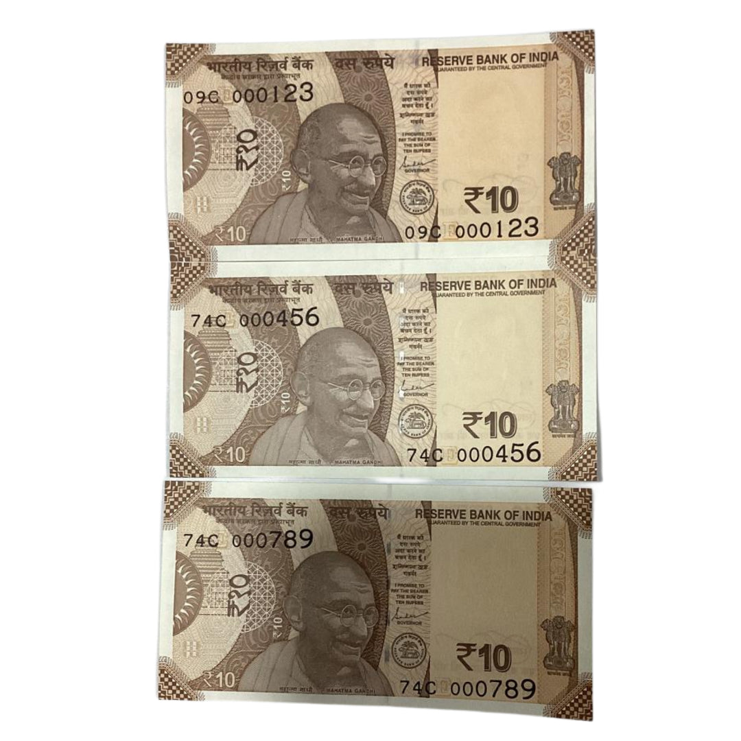 Rs 10 notes 123-456-789 set of three governor shaktikant das rare collectible - Collection Bazzar