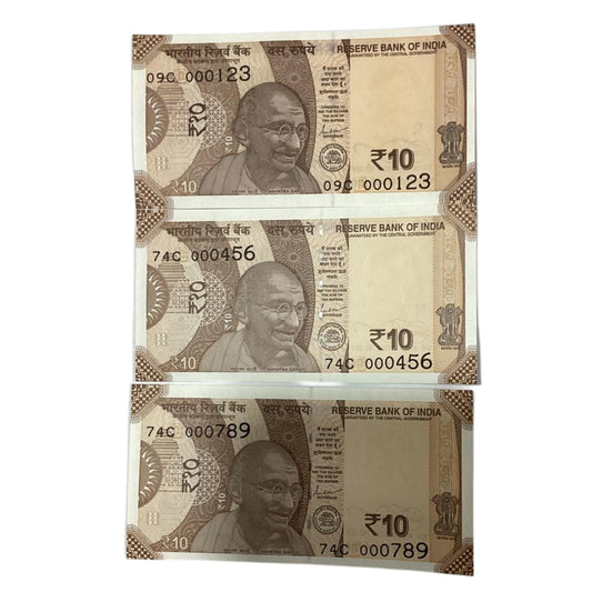 Rs 10 notes 123-456-789 set of three governor shaktikant das rare collectible - Collection Bazzar