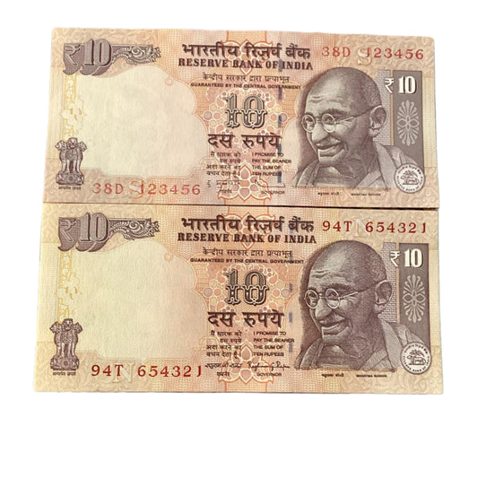 Rs 10 old 123456+654321  ladder number rare collectible 2 note set - Collection Bazzar