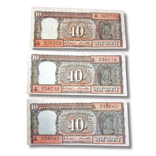 Rs 10 old black boat issue cutting error 3 notes  with two notes K prefix rn malhotra sign - Collection Bazzar