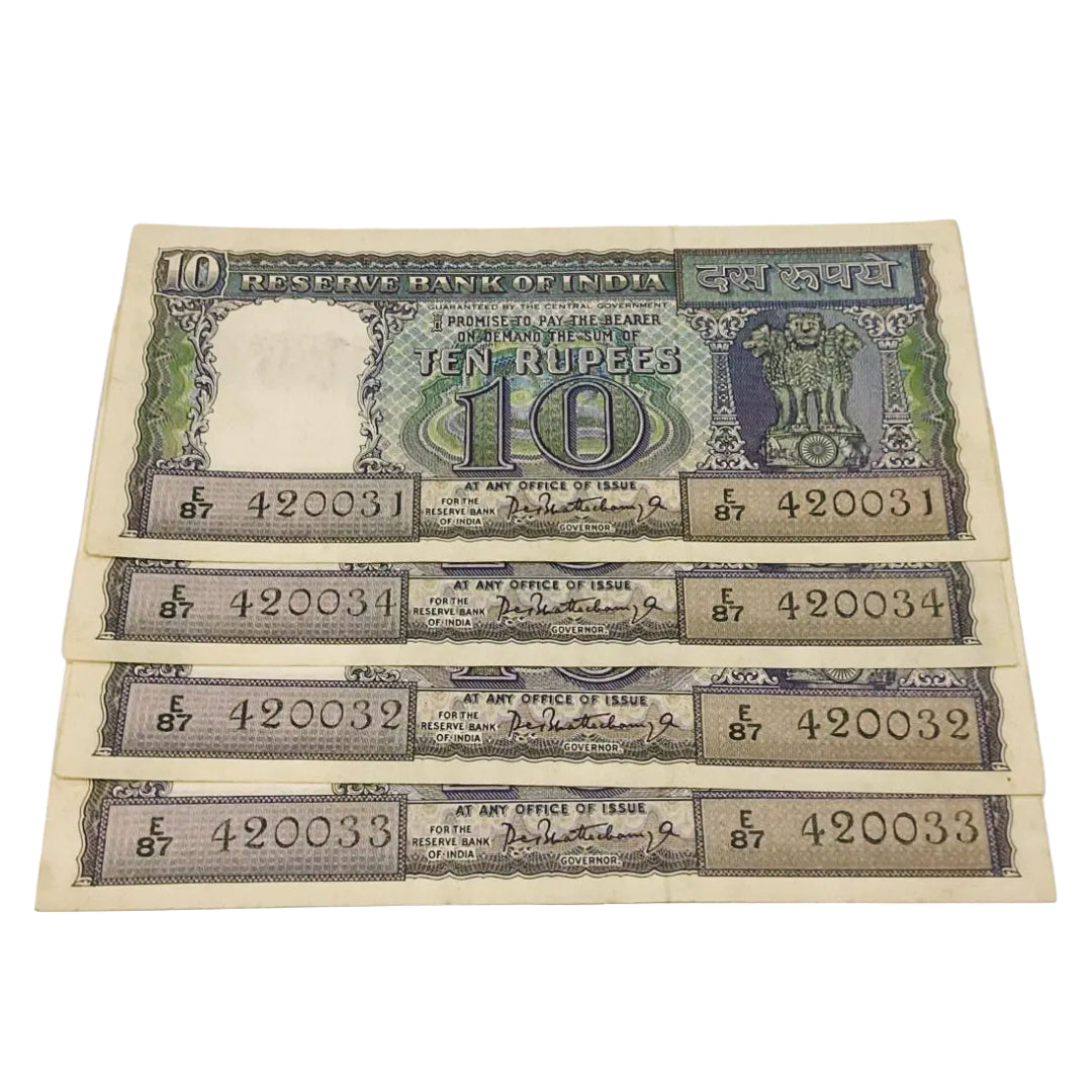 Rs 10 old diamond issue notes 420031-420034 governor p c bhattacharya rare collectible - Collection Bazzar