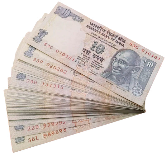 Rs 10 old tripping number superb lot 010101 to 989898 (1111111-999999 missing) 90 notes - Collection Bazzar