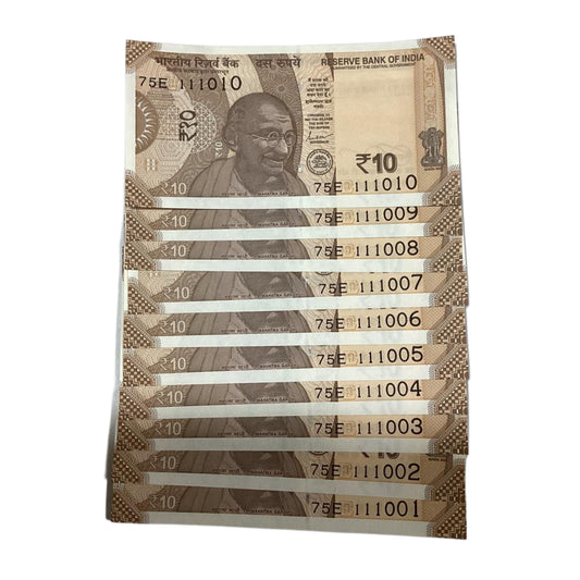 Rs 10 same prefix 75 E 111001 to 111010 governor shaktikant das rare collectible - Collection Bazzar