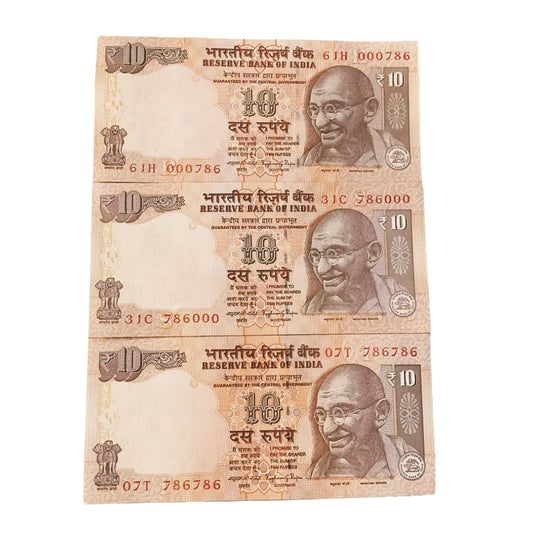 Rs 10 old set 000786 786000 and 786786 holy bismillah number governor raghuram rajan rare collectible - Collection Bazzar