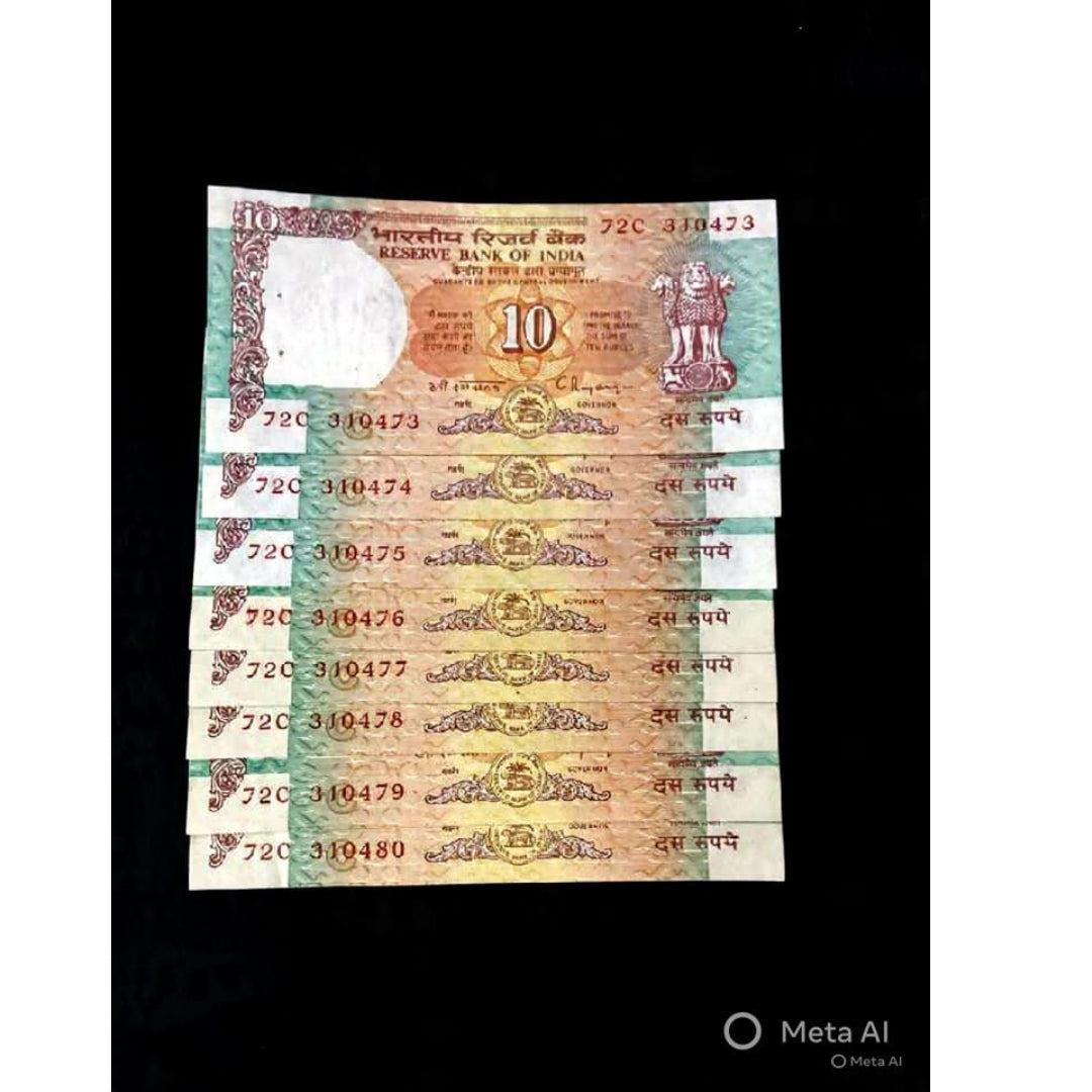 Rs 10 shalimar notes (8 piece lot) governor C rangrajan vintage collectible - Collection Bazzar