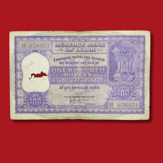 Rs 100 Big Size Note 608401 HVR Iyenger Rare - Collection Bazzar