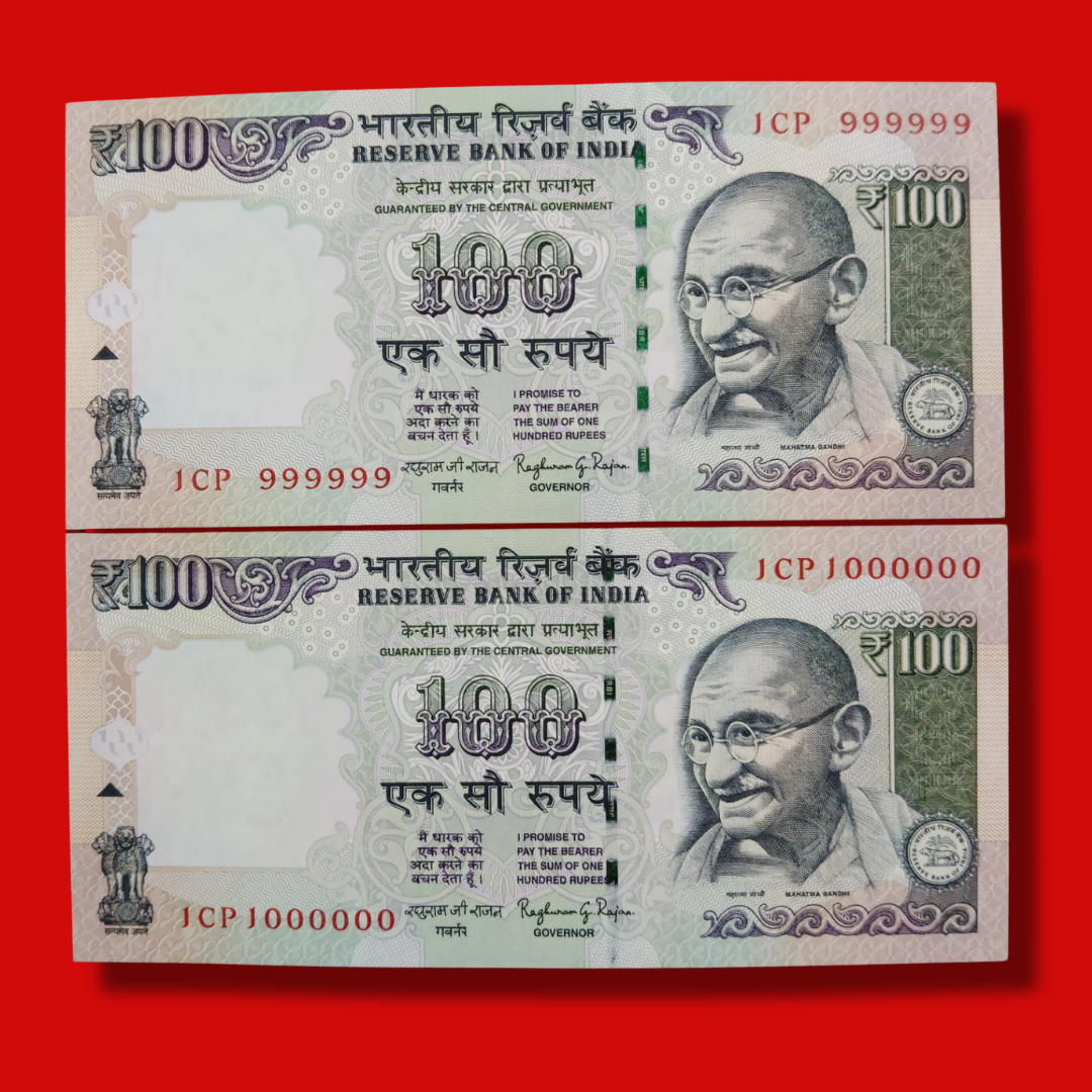 Rs 100 Fancy Notes 999999 & 1000000 Pair 2 Notes 1CP Same Prefix - Collection Bazzar