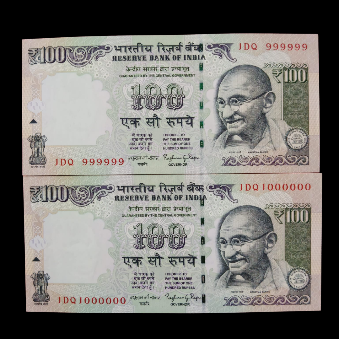 Rs 100 Fancy Notes 999999 & 1000000 Pair 2 Notes 1DQ Same Prefix - Collection Bazzar
