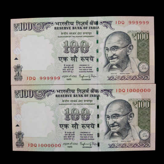 Rs 100 Fancy Notes 999999 & 1000000 Pair 2 Notes 1DQ Same Prefix - Collection Bazzar