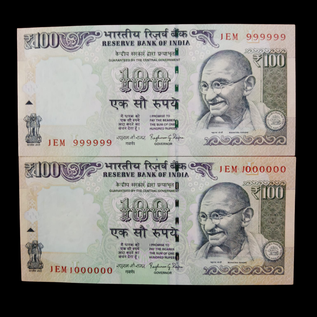 Rs 100 Fancy Notes 999999 & 1000000 Pair 2 Notes 1EM Same Prefix - Collection Bazzar