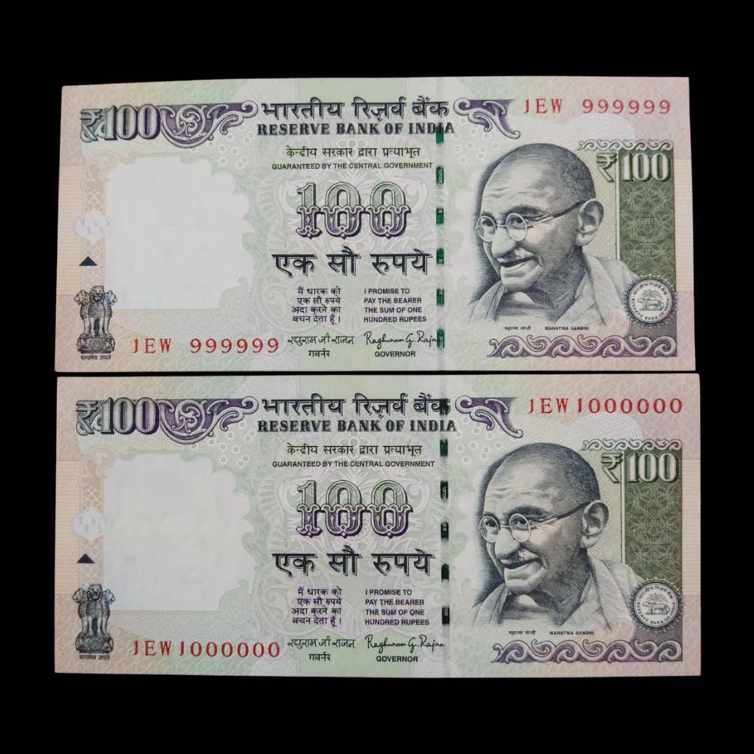 Rs 100 Fancy Notes 999999 & 1000000 Pair 2 Notes 1EW Same Prefix - Collection Bazzar